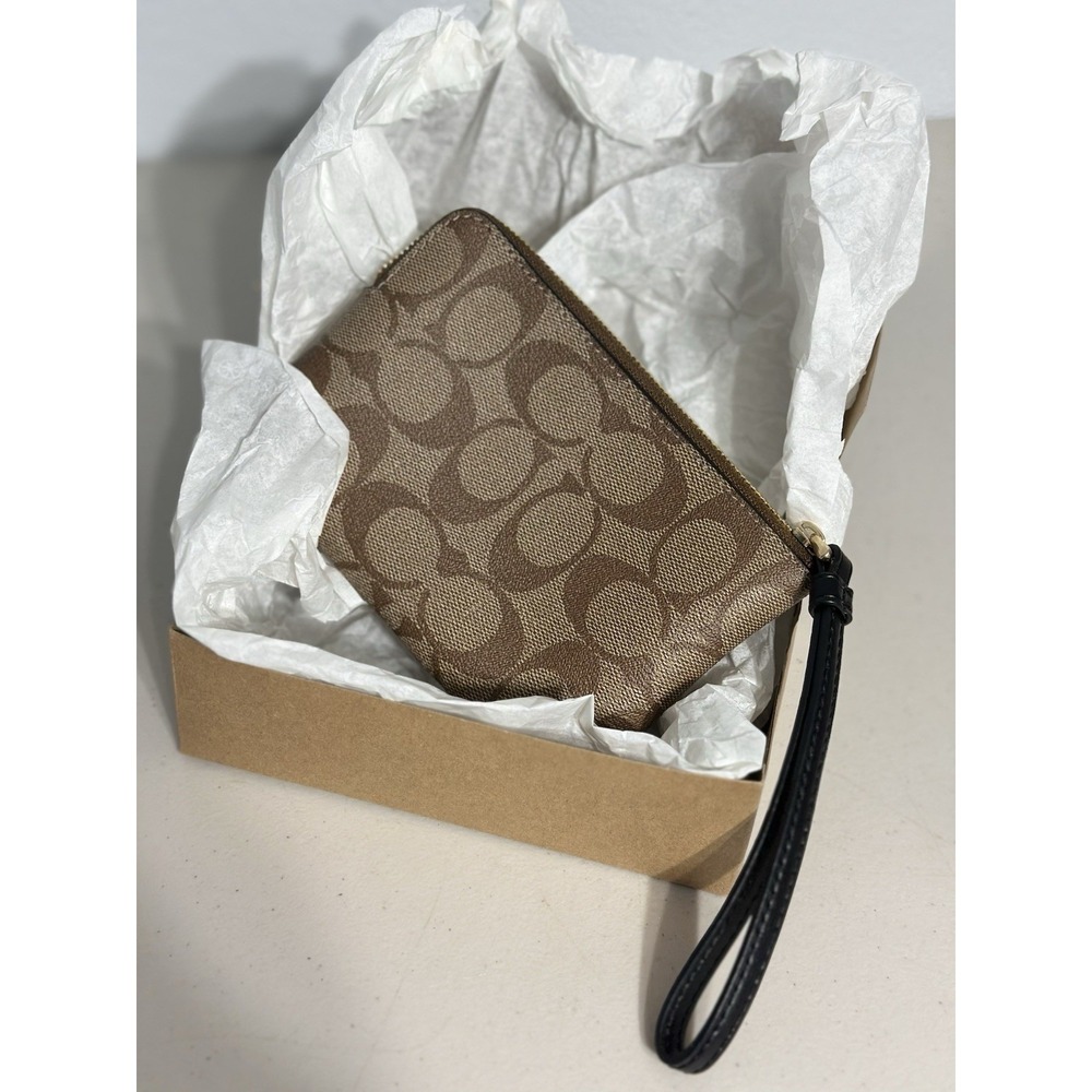 Coach Corner Zip Wristlet Wallet in Signature Canvas with Stripe Brown Black NEW - Picture 8 of 9